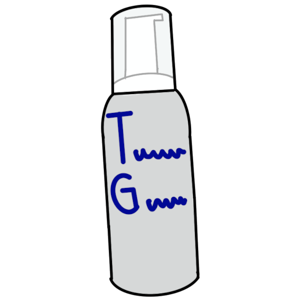 A white container that is cylinder-shaped. The container has a see-through lid covering a pump. There is a big dark blue T with a big dark blue G below it and next to each letter is a smaller dark blue squiggle.